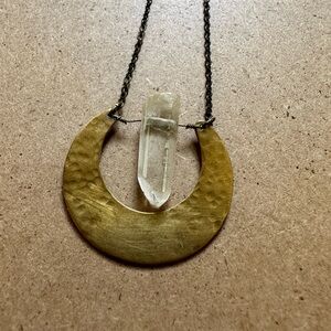 Handmade crescent necklace- hammered brass and quartz